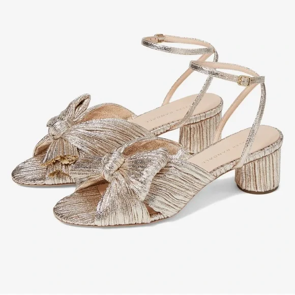 Loeffler Randall Metallic Champagne Heels with Bow and Block Heel - Picture 1 of 6